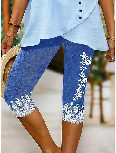  Leggings Capris pour femmes Haute élasticité Vacances Mode Vintage Longueur mollet Taille mi-haute Imprimé floral graphique Respirant Doux Vacances Décontracté Quotidien Bleu œuf d'oiseau Bleu clair