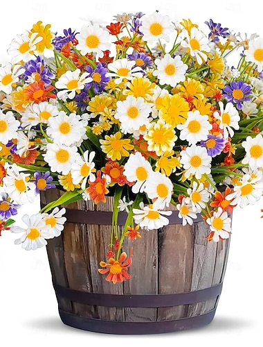  8 manojos de margaritas artificiales para decoración de verano al aire libre, resistentes a los rayos UV, flores artificiales de cementerio, arbustos de plástico, plantas artificiales falsas para