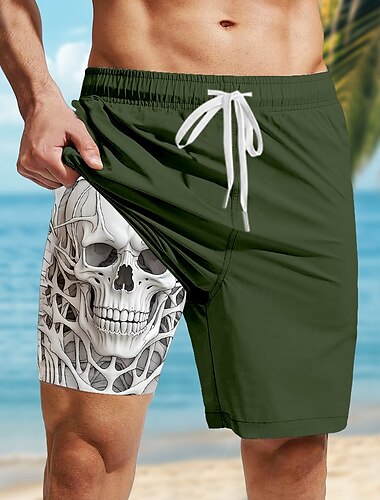  Herren Schädel Gefütterte Shorts 2 in 1 Badeshorts Badeshorts Mittlere Taille Hawaiianisch Lässig Urlaub Ferien Strandbekleidung Seitentaschen Farbblock Mit Kompressionsfutter Designer Bekleidung