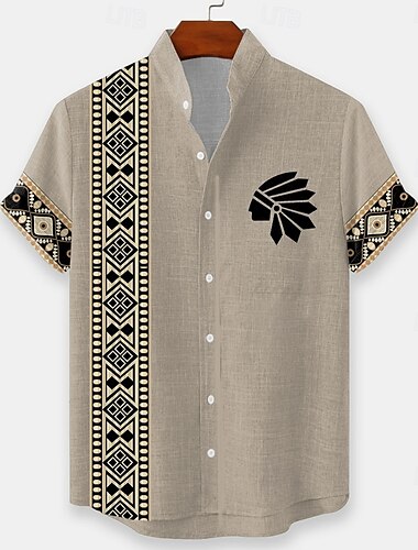  Herren Geometrisch Indianer Ethnisch Hemd Knopfhemd Stehkragenhemd Kurzarm Vintage-Retro Urlaub Alltagskleidung Strandbekleidung Sommer Frühling Mandarinkragen 3D-Druck Leinenähnliches Hemd Gelb