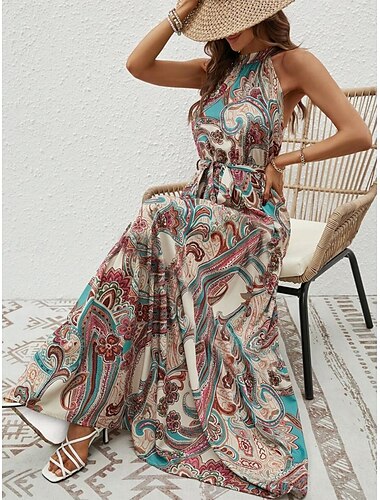  Pentru femei Rochie Maxi Rochie A line Rochie cu umeri Vacanță Casual Boho În aer liber Ieșire Fit regulat Grafic Imprimeu Paisley Fără manșon Gâtul halter Albastru piscină Mov Maro Caisă Vară
