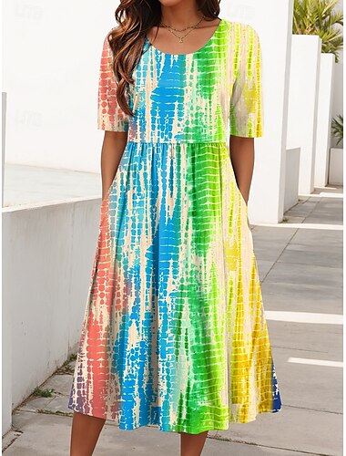  Dames Halflange jurk Zonnejurk Zomerjurk Vakantie Casual Dagelijks Feestdagen Normale pasvorm Grafisch Tie Dye Halve mouw Strakke ronde hals blauw Zomer