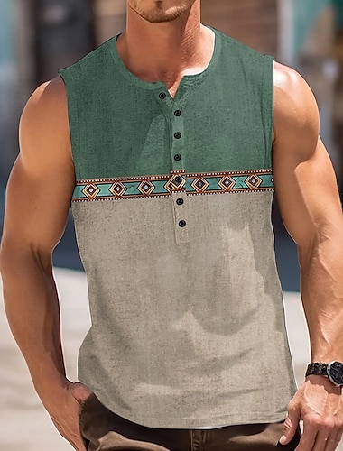  בגדי ריקוד גברים קולור בלוק וינטאג' עליונית טנק חולצת הנלי ללא שרוולים וינטאג' אופנתי מעצב בָּחוּץ קזו'אל יומי קיץ קיץ & אביב חום כהה כחול ירוק הנלי חולצת טריקו של הנלי