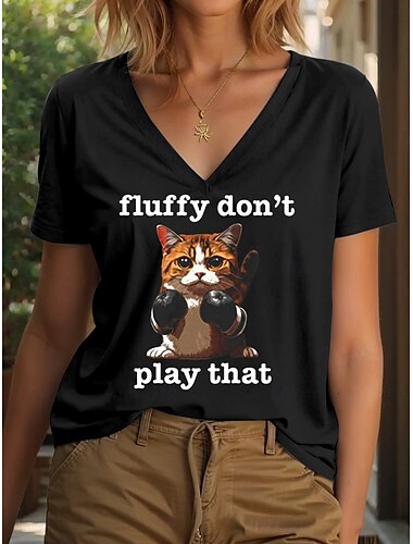  Damen T Shirt Grafik Katze Stilvoll Klassisch Lässig Kurzarm V Ausschnitt Normale Oberteile Täglich Druck Schwarz Rosa Blau Sommer Frühling