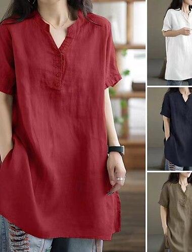  Mujer Camisas de algodón y lino Plano Diario Elegante Básico Manga Corta Escote en Pico Tops regulares Trabajo Diario Festivos Bolsillo Negro Vino Caqui Verano Primavera