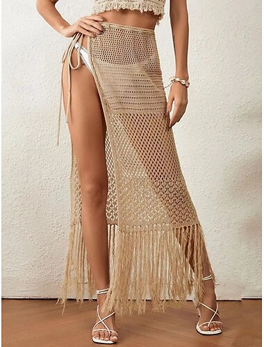  Damesbadmode Cover Up wikkelrok Badpak Fringe Zoom Vakantie Strandkleding Effen Kleur Mouwloos Badpakken