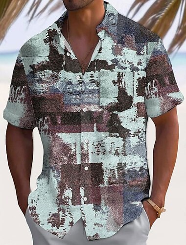  Men's Geometric Color Block Shirt Casual Shirt Button Up Shirt Short Sleeve Fashion Casual Vacation Dailywear Holiday Summer Spring Turndown 3D Print Collared Shirts Front One Pocket Blue Purple