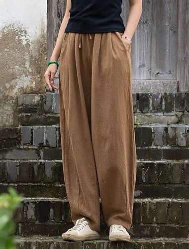  Mulheres Calças de linho de algodão Calças Roupa de rua Casual Comprimento total Natural Tecido Bolsos Design de cordão elástico Confortável Férias Rua Adamascado Preto Azul Marinho Escuro Café Verão