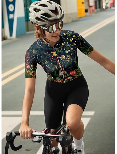  Dames Wielrenshirt Grafisch Flora Botanisch Wijnoogst Korte mouw Fietsen Shirt Kleding Bovenlichaam met 3 achterzakken Zonbescherming UV-bestendig Sneldrogend Reflecterende strips Sport Donkergroen