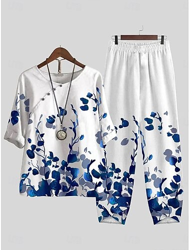  Damen 2 Teile Basis Shirt Hosen Sets Halbärmel Rundhals Ombre Florale Grafik Druck Lässig täglich Urlaub Marineblau Hellblau Sommer Reguläre Passform