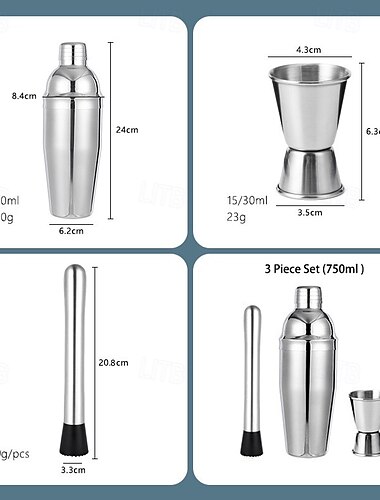  750 ml Cocktail-Shaker-Set – Martini-Shaker mit integriertem Getränke-Shaker-Sieb, Stößel, Messbecher, Rührlöffel, Rezeptbuch für Barkeeper – Bar-Shaker/Alkohol-Shaker