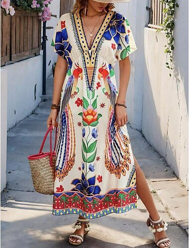  Women's Maxi Dress Sundress A Line Dress Fit And Flare Dress Vacation Casual Boho Outdoor Party Going out Regular Fit Floral Graphic Bird Sleeveless V Neck White Summer Spring