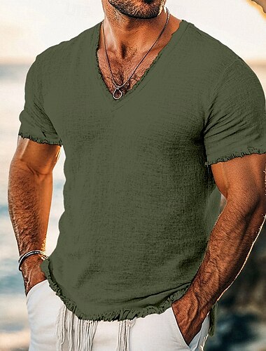  Herren T-Shirt Leinen-T-Shirt Kurze Ärmel V Ausschnitt Sommer Einfach Mode Designer Basic Weich Urlaub Straße Alltagstauglich Weiß Rosa Burgunderrot Top T-Shirt für Herren