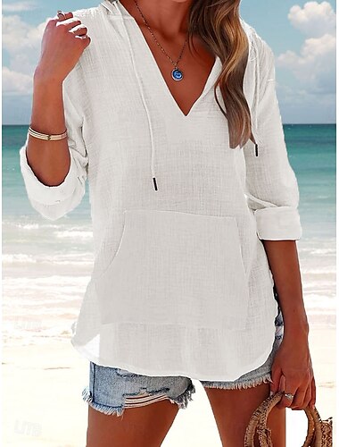  Dames Katoen Linnen Blouse Effen Kleur Elegant Casual Lange Mouw V-hals Reguliere Tops Dagelijks Vakantie Zak Zwart Wit Roze Blauw Zomer Lente