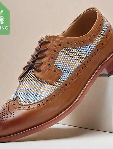  Richelieus brogues en similicuir beige pour homme avec empiècements en nylon bleu tissé - tenue professionnelle décontractée