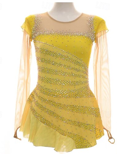  Eiskunstlaufkleid Damen Mädchen Eislaufen Kleid Gelb Patchwork Daumenloch Netzstoff Spandex Dehnbar Training Übung Professionell Eiskunstlaufkleidung Thermowarm Kristall / Strass Langarm Eislaufen