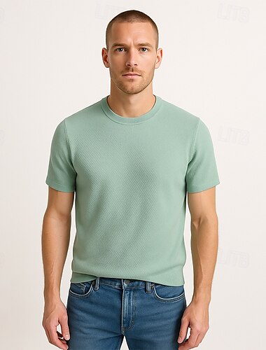  Herren T-Shirt aus Seiden-Baumwoll-Lyocell-Mischgewebe, kurzärmlig, Rundhalsausschnitt, Sommer, schlicht, Jacquard, elegant, klassisch, Rundhalsausschnitt, minimalistisch, für den Urlaub, Baumwolle, schwarz, blau, marineblau, Top-T-Shirt für Männer