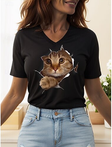  Damen T Shirt Grafik Tiermotiv Katze Vintage Stilvoll Klassisch Kurzarm V Ausschnitt Normale Oberteile Täglich Druck Schwarz Weiß Sommer Frühling