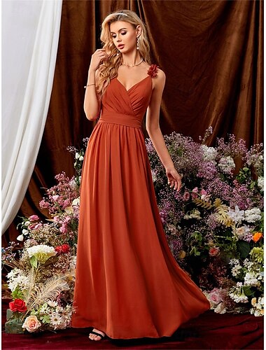  A-Linie Brautjungfernkleid V Ausschnitt Ärmellos Elegant Bodenlang Chiffon mit Einfarbig 2022