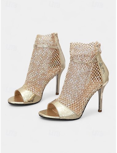  Women's Gold Mesh Stiletto Sandals – Glitter Open-Toe High Heels with Ankle Zipper for Nightlife, Cocktail Parties, and Evening Glam Looks