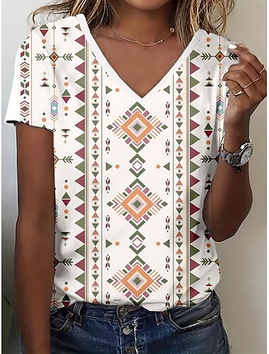  Women's T Shirt Summer Tops Graphic Geometric Classic Casual Short Sleeve V Neck Crop Tops Daily Weekend Print Rainbow Summer Spring Fall