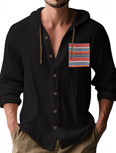  Herren Hemd leinenhemd Sommerhemd Strandhemd Knopfhemd Kapuzenhemd Einfach Urlaub Alltagskleidung Schwarz Weiß Himmelblau Khaki Langarm Mit Kapuze Sommer Bekleidung Patchwork