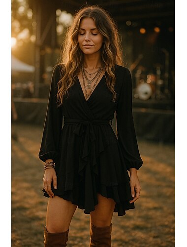  Robe Bohème pour Femmes Robe Western Vintage Mini Robe Robe Drapée Robe A Ligne Décontractée Extérieur Sortie Plage Ajustement Standard Couleur Unie Longue Manche Col V Noir Été