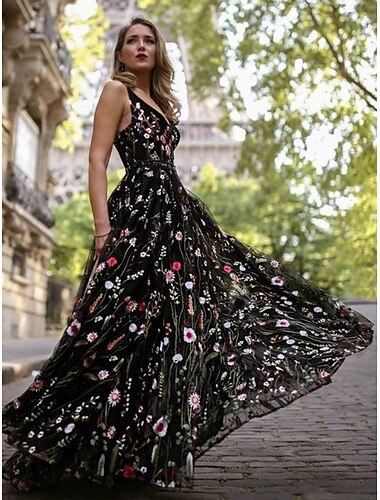  A-Linie Quinceanera-Kleider Elegant Kleid Hochzeit Hochzeitsgast Bodenlang Ärmellos V Ausschnitt Polyester Rückenfrei mit Blumenmuster Falten 2025