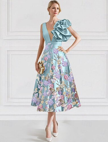  Abiti da cocktail eleganti, a trapezio, con fiori rosa, blu e gialli, da cerimonia, senza maniche, in raso, con scollo a V, con ricamo, tasca, lunghezza alla caviglia, 2025