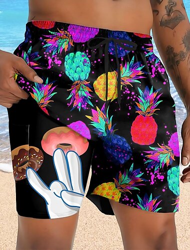  Herren Ananas Lustig Donuts Gefütterte Shorts 2 in 1 Badeshorts Badeshorts Mittlere Taille Hawaiianisch Urlaub Ferien Strandbekleidung Seitentaschen Mit Kompressionsfutter Elastischer Kordelzug in