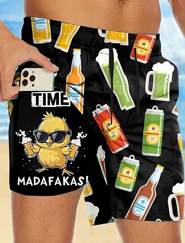  Herren Lustig Bier Ente Gefütterte Shorts 2 in 1 Badeshorts Badeshorts Mittlere Taille Hawaiianisch Urlaub Ferien Strandbekleidung Seitentaschen Mit Kompressionsfutter Elastischer Kordelzug in der