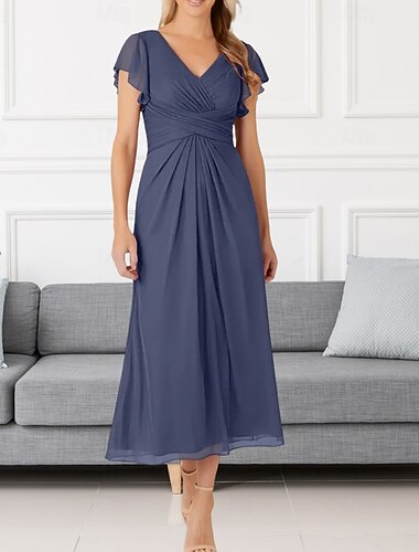  A-Linie Kleider für Hochzeitsgäste Elegant Kleid Hochzeitsgast Verlobung Tee-Länge Kurzarm V Ausschnitt Chiffon mit Falten Gerafft 2025