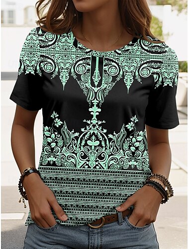  Dames T-shirt Bloemig Grafisch Paisley Casual Korte mouw Strakke ronde hals Normale tops Dagelijks Afdrukken Geel Blozend Roze blauw Groen Zomer