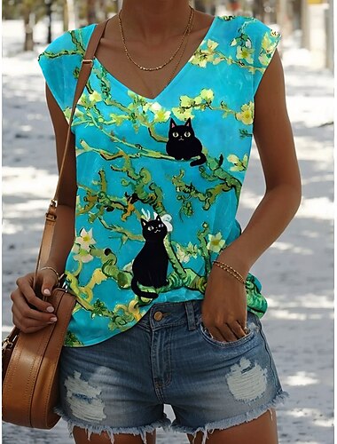  Damen Hemd Bluse Blatt Katze Vintage Tropisch Stilvoll Ärmellos Träger Normale Oberteile Täglich Druck Gelb Hellgrün Blau Orange Grün Sommer Frühling