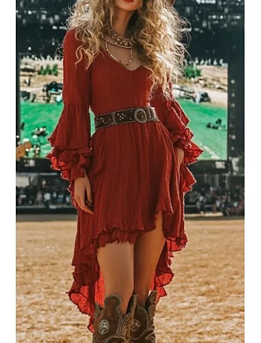  Dames Mini-jurk Boho-jurk Westerse kleding Modieus Klassiek Modern Buiten Feestdagen Uitgaan Normale pasvorm Effen Lange mouw V-hals Rood Zomer