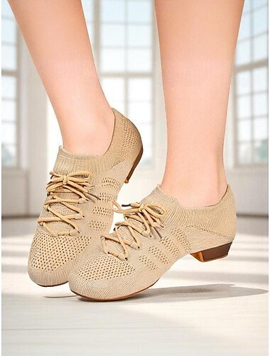  Atmungsaktive Damen-Tanz-Sneakers zum Schnüren aus Strick mit niedrigem Absatz – bequeme Mesh-Schuhe für Latein-Training und Square Dance