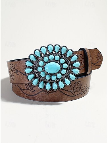  Türkisfarbener Western-Concho-Gürtel für Damen – Taillengürtel aus Kunstleder mit floraler Gravur für Rodeo, Festivals, Boho-Outfits und Freizeitkleidung