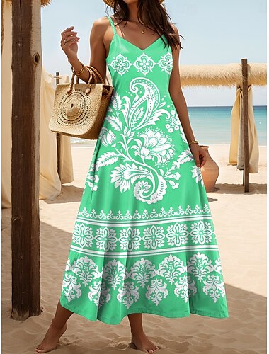  Women's Maxi Dress A Line Dress Slip Dress Vacation Casual Beach Regular Fit Graphic Geometric Sleeveless V Neck Spaghetti Strap Pink Blue Green Summer Spring