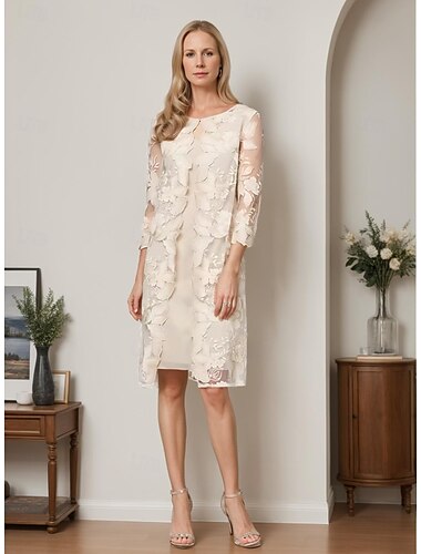  Robe fourreau/colonne pour mère de la mariée, élégante, vintage, simple, col ras du cou, longueur thé, manches 3/4, avec appliques en dentelle brodée florale, 2025