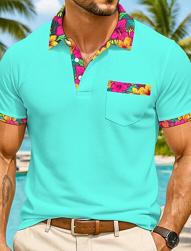  Homens Pólo Camisa de golfe Casual Feriado Lapela Manga Curta Moda Básico Floral Havaí Patchwork Bolsos Verão Primavera Normal Preto Branco fúcsia Azul Turquesa Pólo