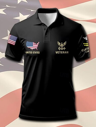  4 luglio 2026 250° Per uomo Bandiera Americana Polo Manica Corta Magliette polo Camicie con Colletto Casual All'aperto Scuola Abbigliamento quotidiano Stampa 3D Estate Nero