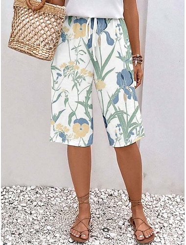  Pantalons Capri pour femmes Chinos Mode Streetwear Longueur mollet Taille haute Floral Ceinture élastique Imprimé Confortable Doux Confortable Micro-élastique Extérieur Rue Vert foncé Blanc Bleu