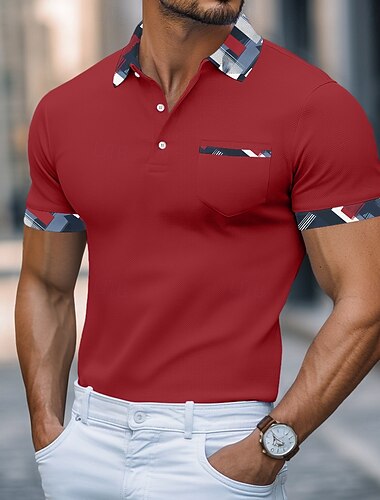  Homme Chemise de golf Polo Piqué Occasionnel Affaires Revers Col Polo Côtelé Manche Courte Basique Moderne Bloc de Couleur Avec Poches Bloc de Couleur Été Printemps Coupe Slim Rouge Bordeaux Bleu