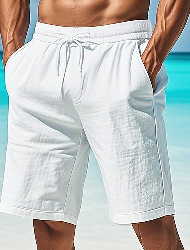  Herren Shorts aus Baumwollleinen Tasche Kordelzug Elastischer Bund Einfach Komfort Atmungsaktiv Kurz Urlaub Schwarz Weiß