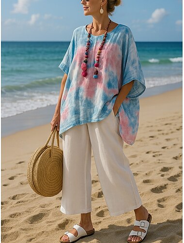  Mujer Camiseta Boho Media Manga Cuello Barco Tops largos Diario Fin de semana Rosa Azul Real Azul cielo Verano