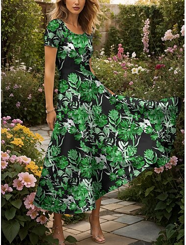  Damen Maxikleid Freizeitkleid Sommerkleid A Linie Kleid Urlaub Vintage Ethnisch Normale Passform Blumen Grafik Kurzarm Quadrathals Rote Blau Purpur Grün Sommer Frühling