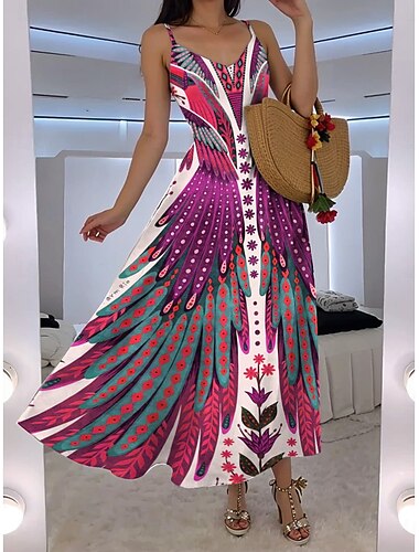  Damen Maxikleid A Linie Kleid Unterkleid Urlaub Lässig Boho Ausgehen Strand Normale Passform Blumen Grafik Feder Ärmellos V Ausschnitt Blau Orange Grün Rosa Sommer Frühling