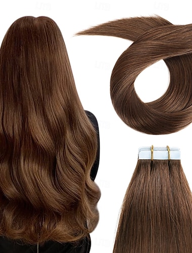  Extensions de cheveux humains Remy à bandes adhésives, cheveux lisses et sans couture, châtain clair, 45 cm, 50 g, 20 pièces