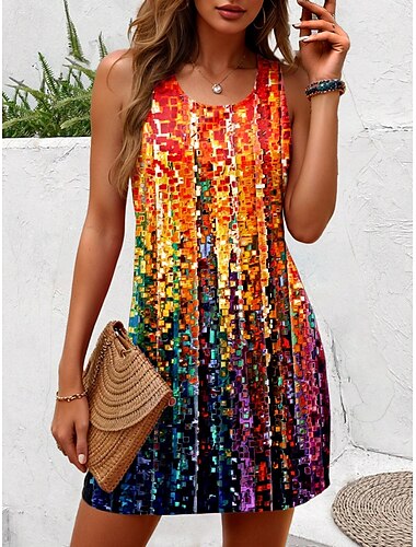  Dames Mini-jurk Zonnejurk A lijn jurk Tank-jurk Off-the-shoulder jurk Vakantie Casual Boho Feest Straat Feestdagen Normale pasvorm Ombre Grafisch Streep Mouwloos U-hals Oranje Zomer