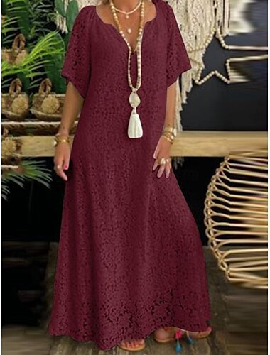  Damen Maxikleid A-Linie Kleid Einfarbig Urlaub Leger Boho Outdoor Ausgehen Normale Passform Grafisch Kurzarm V-Ausschnitt Schwarz Weiß Wein Sommer